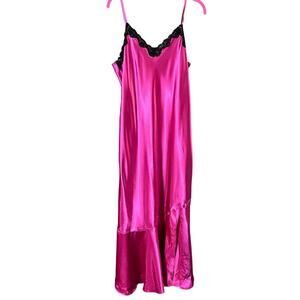 Vintage Delicates Satiny Fuchsia & Black Lace Slop Dress Nightgown Medium